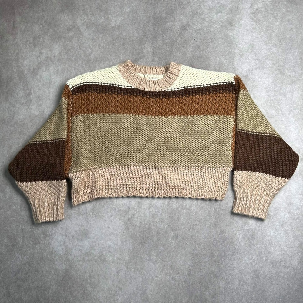Le Lis Collection Womens Striped Chunky Knit Cropped Sweater Brown Tan XS